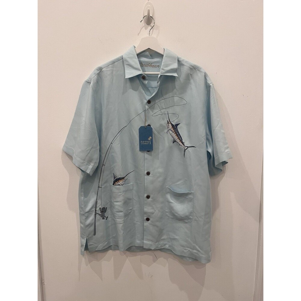 Carribbean Button Up Shirt Sz Large Fish Embroidered Blue Hawaiian